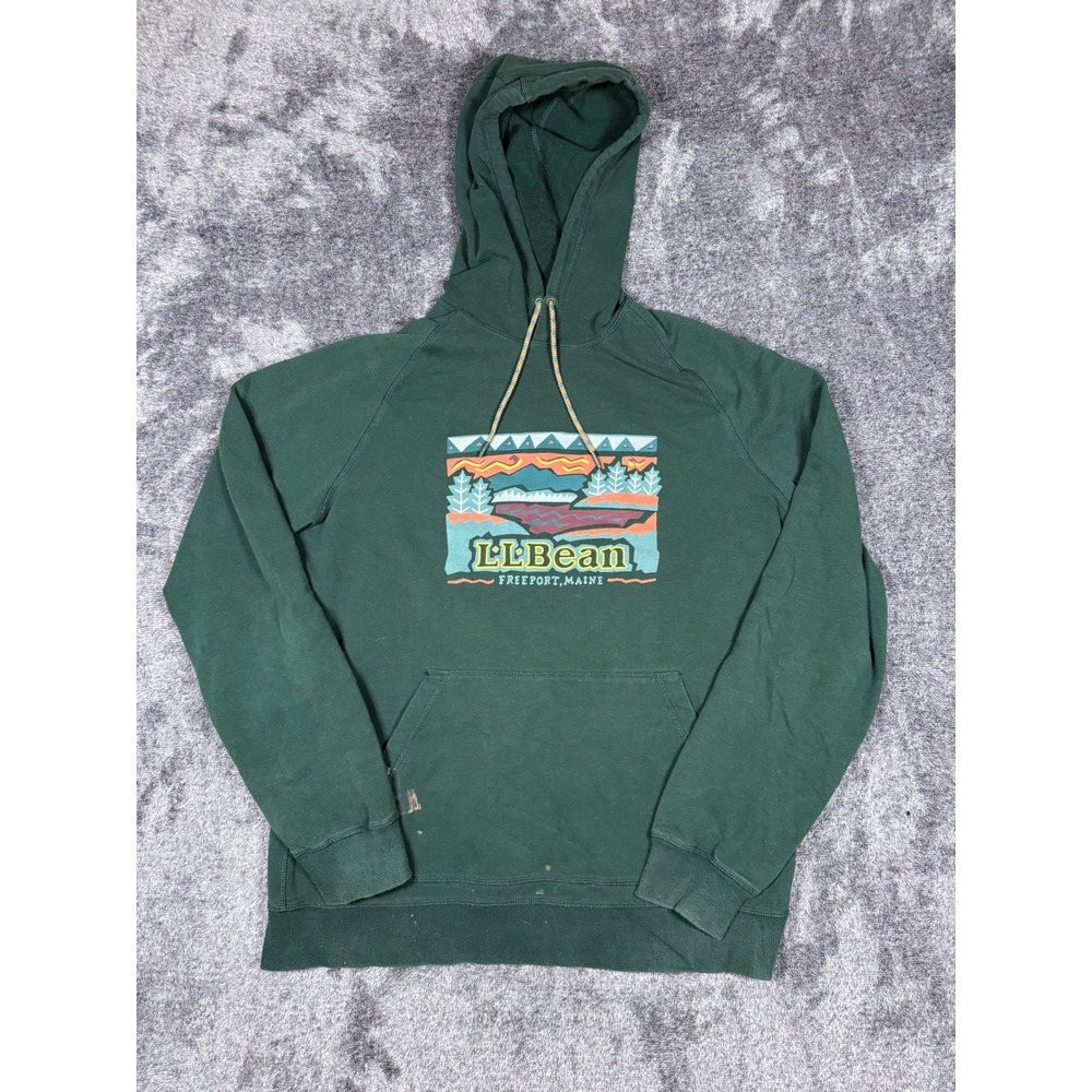 LL Bean Spellout Mens Slightly Fitted Large Tall Green Graphic Hooded Sweatshirt